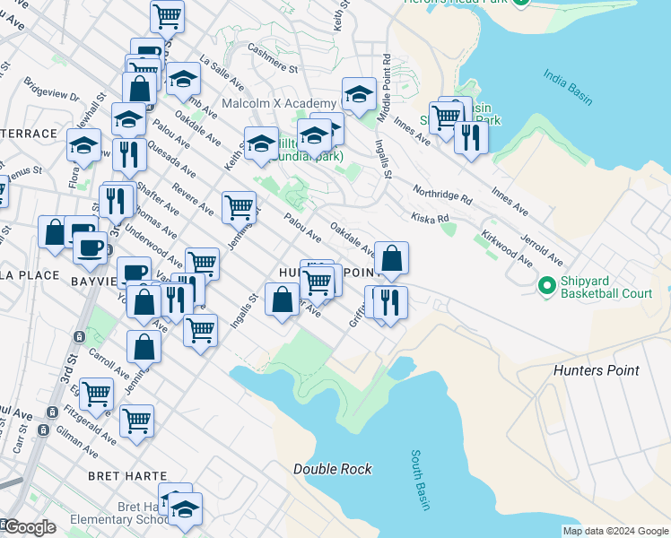 map of restaurants, bars, coffee shops, grocery stores, and more near 1191 Quesada Avenue in San Francisco