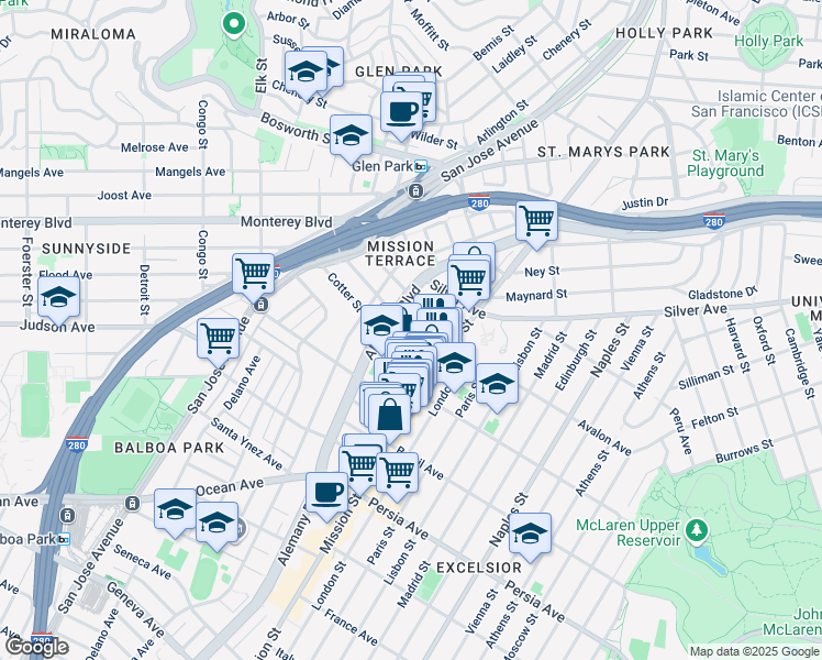 map of restaurants, bars, coffee shops, grocery stores, and more near 78 Cotter Street in San Francisco