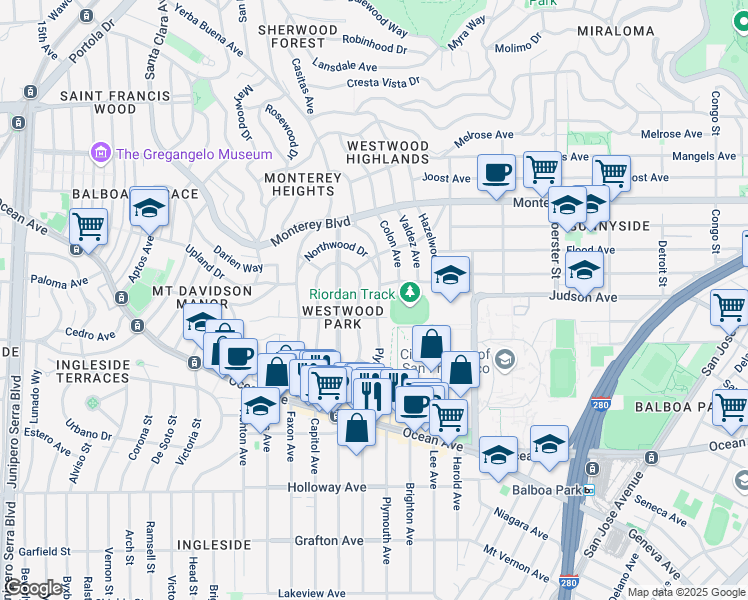 map of restaurants, bars, coffee shops, grocery stores, and more near 120 Eastwood Drive in San Francisco
