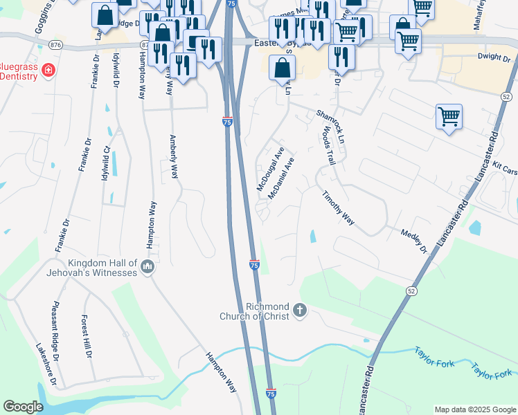 map of restaurants, bars, coffee shops, grocery stores, and more near Interstate 75 in Richmond
