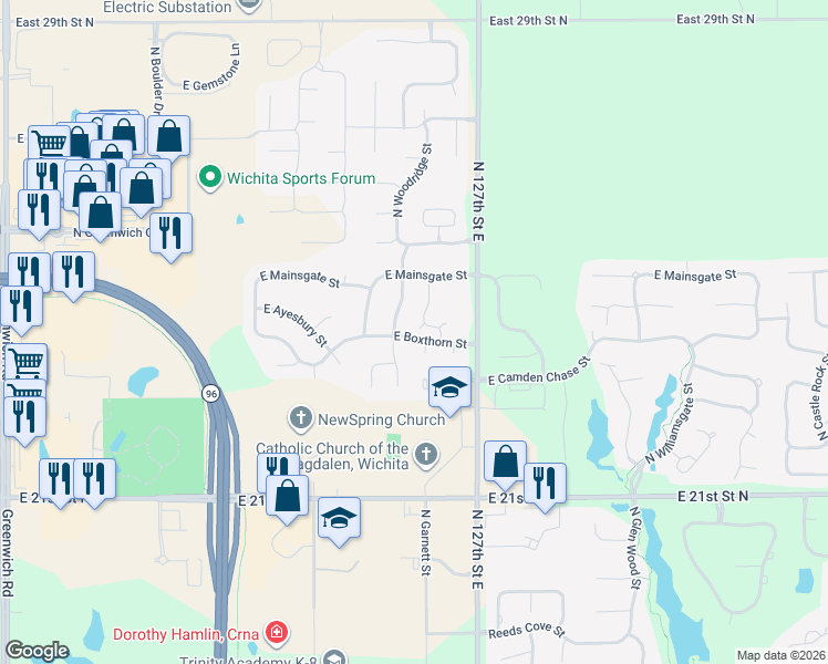 map of restaurants, bars, coffee shops, grocery stores, and more near 12505 East Boxthorn Street in Wichita