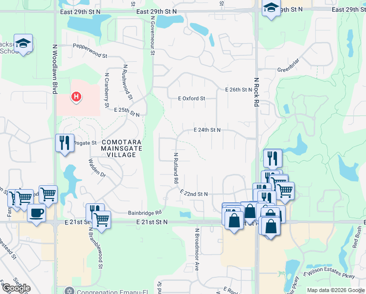 map of restaurants, bars, coffee shops, grocery stores, and more near 2432 North Rutland Court in Wichita