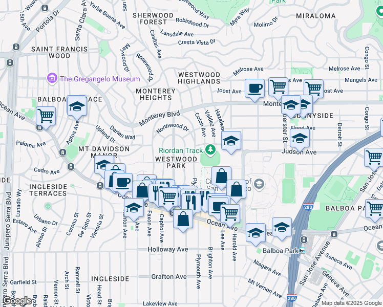 map of restaurants, bars, coffee shops, grocery stores, and more near 120 Eastwood Drive in San Francisco