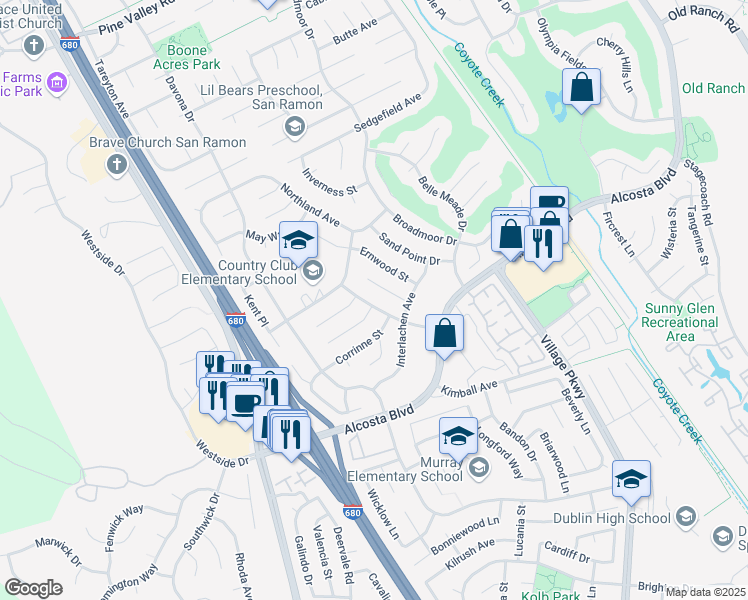 map of restaurants, bars, coffee shops, grocery stores, and more near 9564 Brockton Avenue in San Ramon