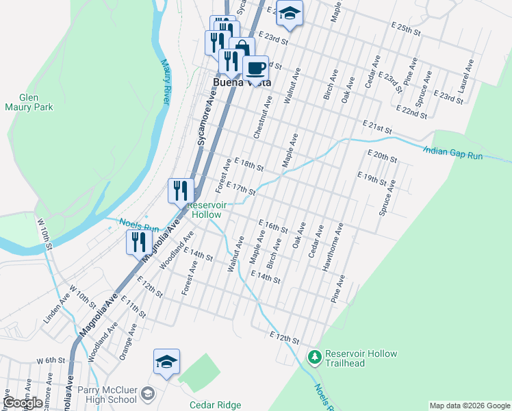 map of restaurants, bars, coffee shops, grocery stores, and more near 1630 Walnut Avenue in Buena Vista