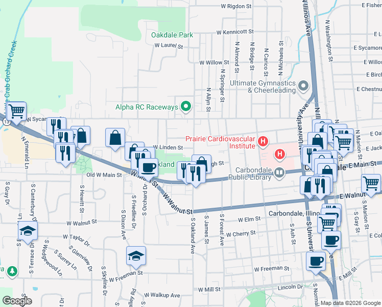 map of restaurants, bars, coffee shops, grocery stores, and more near 201-299 N Oakland Ave in Carbondale