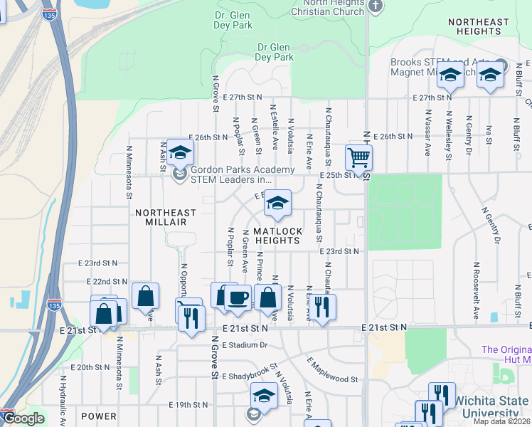 map of restaurants, bars, coffee shops, grocery stores, and more near 2455 North Estelle Street in Wichita