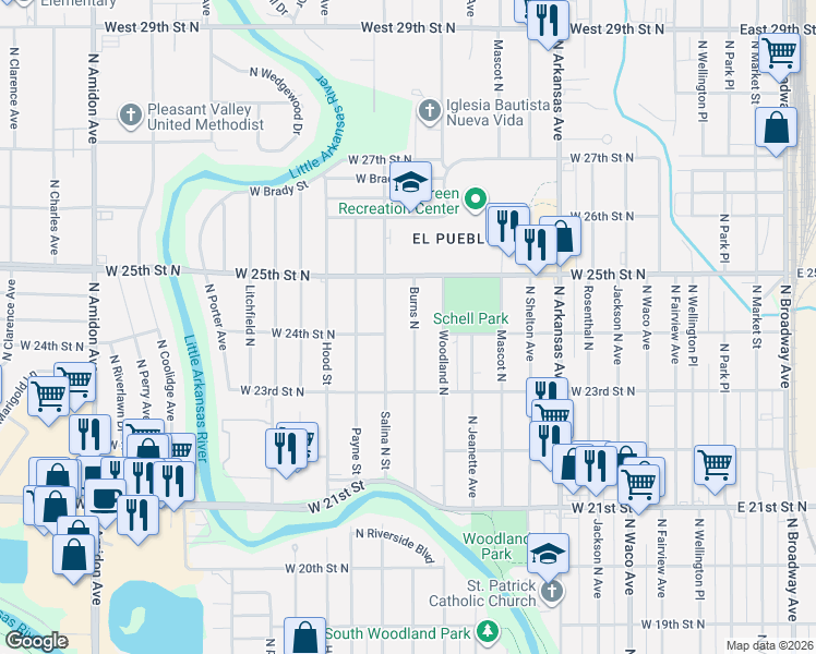 map of restaurants, bars, coffee shops, grocery stores, and more near 2502 Salina North Street in Wichita