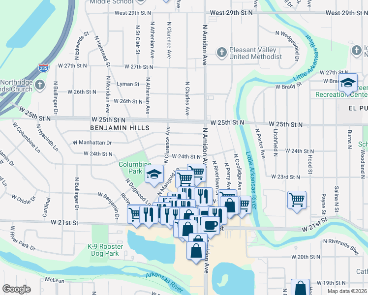 map of restaurants, bars, coffee shops, grocery stores, and more near 2104-2110 West 24th Street North in Wichita
