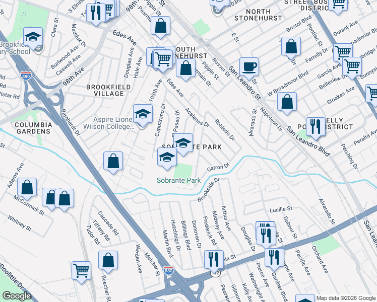 map of restaurants, bars, coffee shops, grocery stores, and more near 470 El Paseo Drive in Oakland