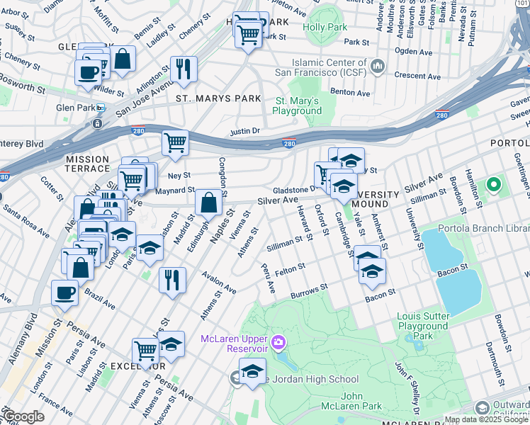 map of restaurants, bars, coffee shops, grocery stores, and more near 2 Athens Street in San Francisco