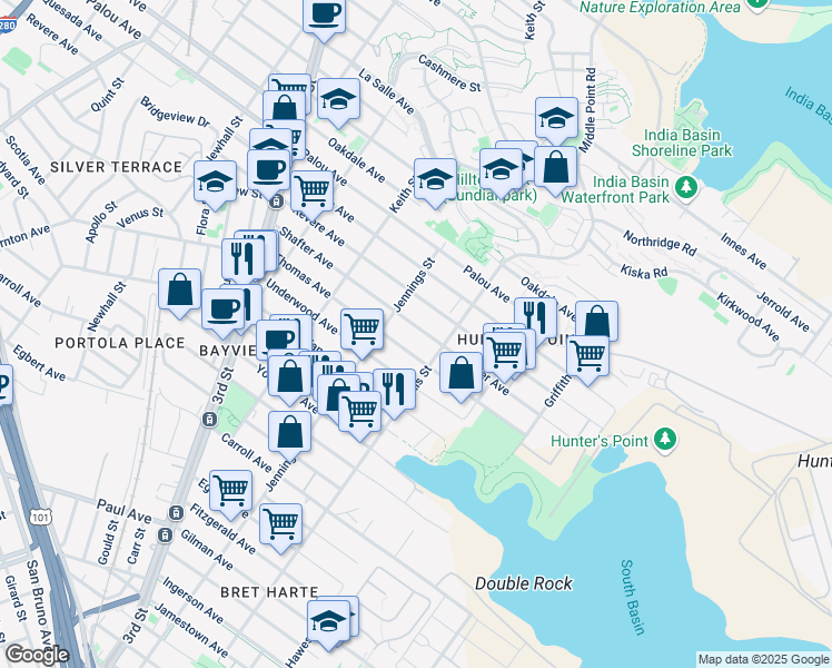 map of restaurants, bars, coffee shops, grocery stores, and more near 1347 Shafter Avenue in San Francisco