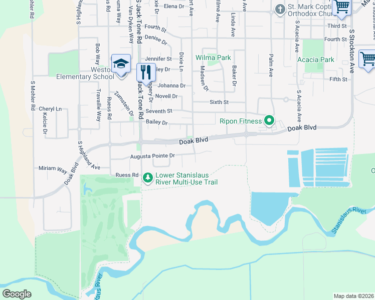 map of restaurants, bars, coffee shops, grocery stores, and more near 1341 Augusta Pointe Drive in Ripon