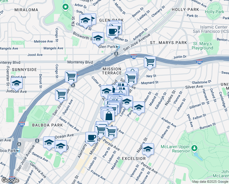 map of restaurants, bars, coffee shops, grocery stores, and more near 78 Cotter Street in San Francisco