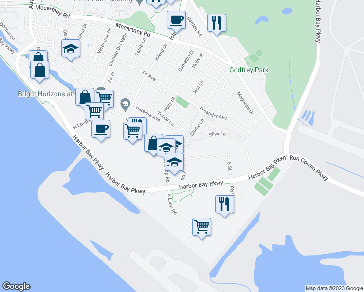 map of restaurants, bars, coffee shops, grocery stores, and more near 3508 Catalina Avenue in Alameda