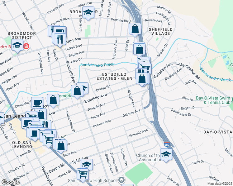 map of restaurants, bars, coffee shops, grocery stores, and more near 821 Estudillo Avenue in San Leandro