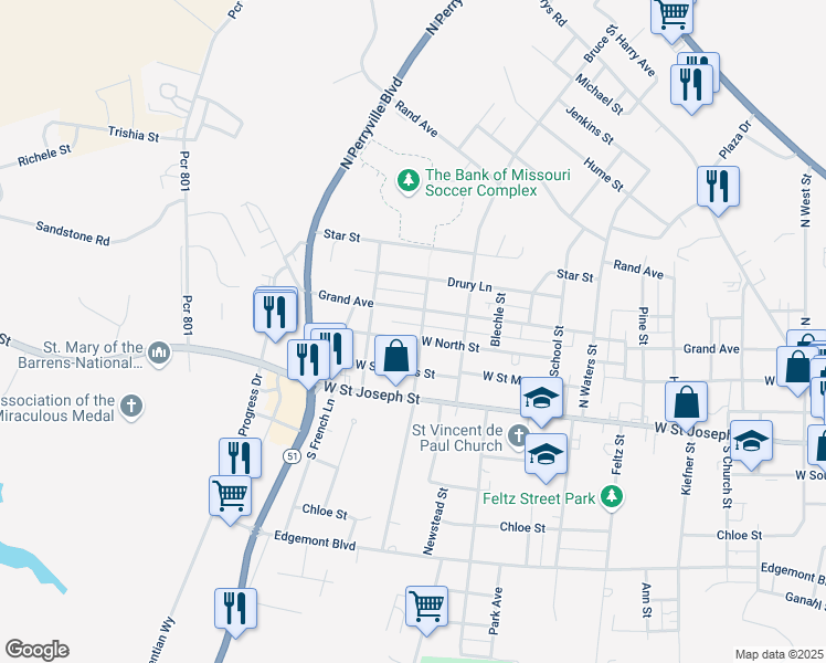 map of restaurants, bars, coffee shops, grocery stores, and more near 1208 West North Street in Perryville