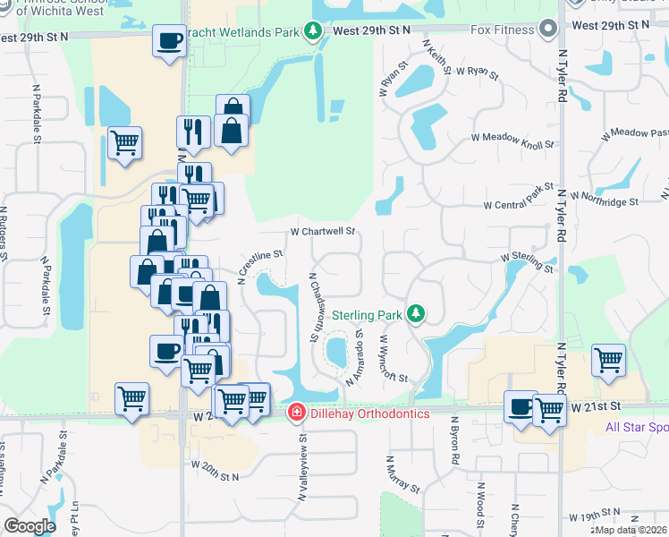 map of restaurants, bars, coffee shops, grocery stores, and more near 2448 North Chadsworth Court in Wichita