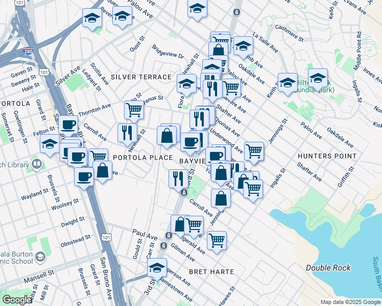 map of restaurants, bars, coffee shops, grocery stores, and more near 2230 Lane Street in San Francisco