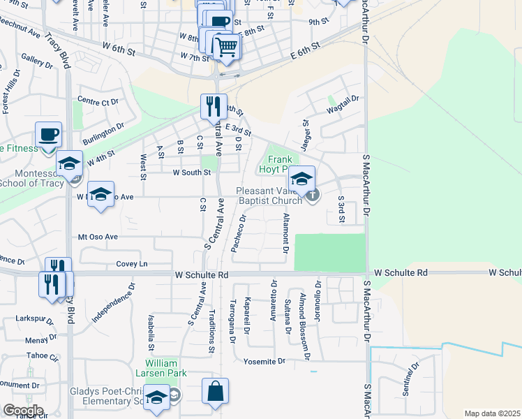 map of restaurants, bars, coffee shops, grocery stores, and more near 190 Mount Hamilton Drive in Tracy