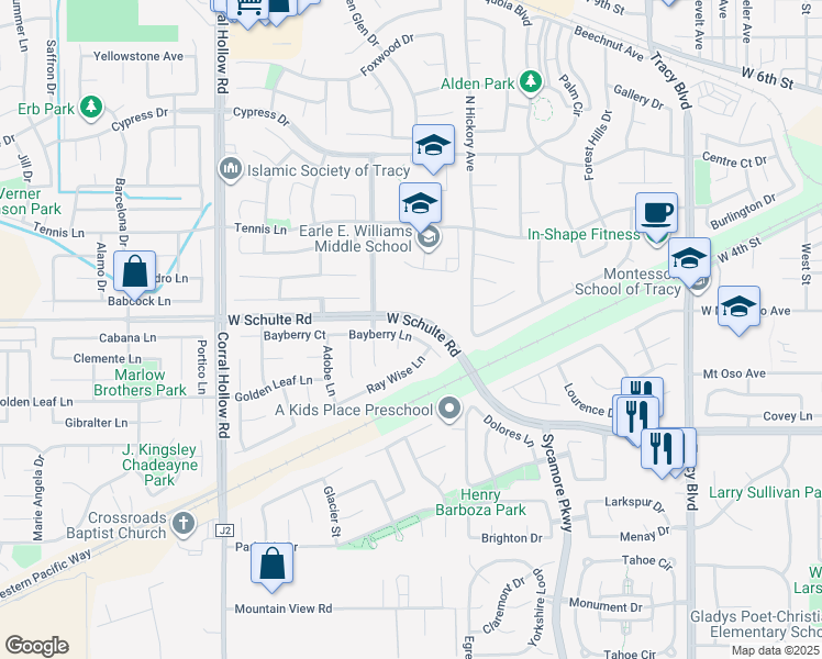 map of restaurants, bars, coffee shops, grocery stores, and more near 1621 Bayberry Lane in Tracy