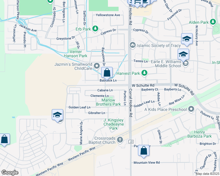 map of restaurants, bars, coffee shops, grocery stores, and more near 2202 Cabana Court in Tracy