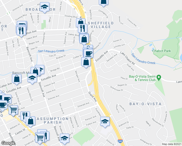 map of restaurants, bars, coffee shops, grocery stores, and more near 1425 Grand Avenue in San Leandro