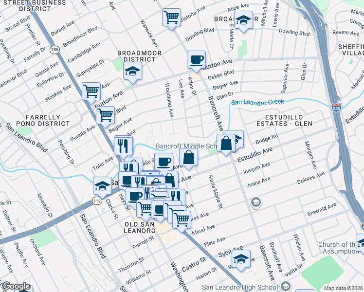 map of restaurants, bars, coffee shops, grocery stores, and more near 424 Callan Avenue in San Leandro