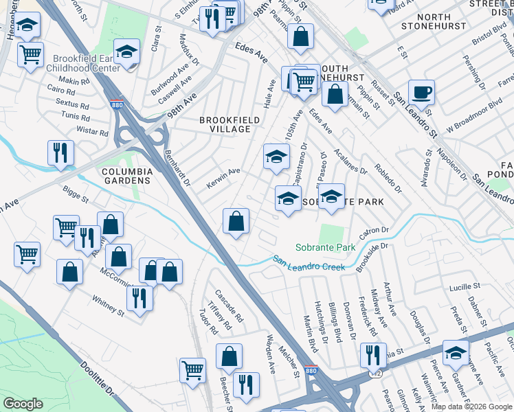 map of restaurants, bars, coffee shops, grocery stores, and more near 364 105th Avenue in Oakland