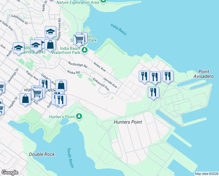 map of restaurants, bars, coffee shops, grocery stores, and more near 118 Dolphin Court in San Francisco