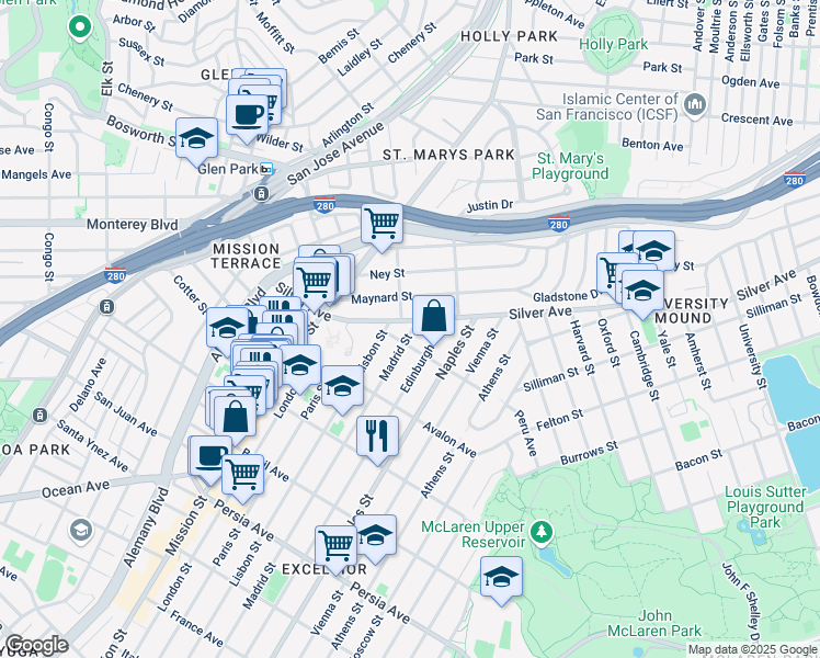 map of restaurants, bars, coffee shops, grocery stores, and more near 124 Peru Avenue in San Francisco