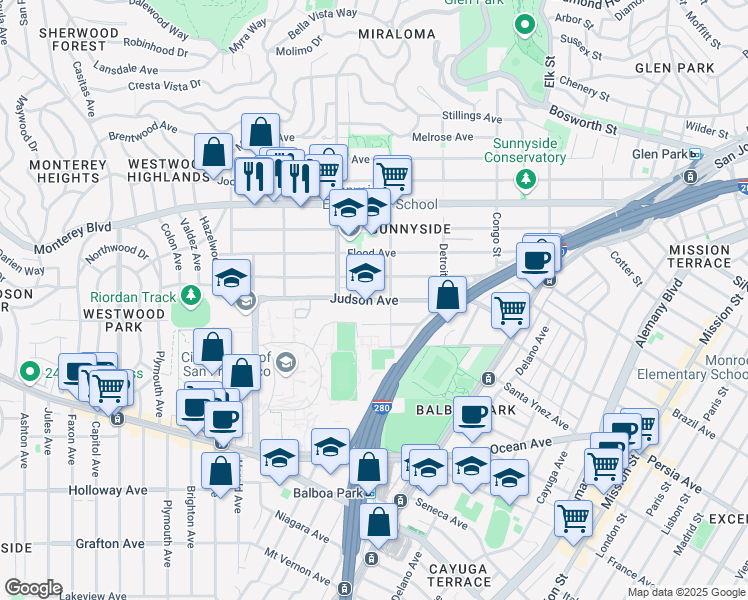 map of restaurants, bars, coffee shops, grocery stores, and more near 211 Judson Avenue in San Francisco
