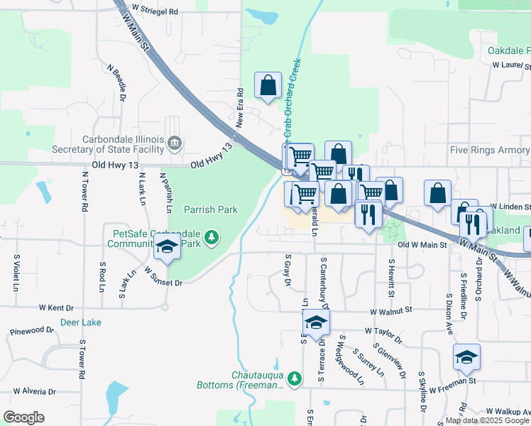 map of restaurants, bars, coffee shops, grocery stores, and more near 2106 West Woodriver Drive in Carbondale