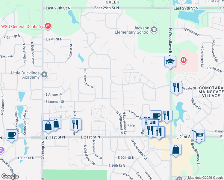 map of restaurants, bars, coffee shops, grocery stores, and more near 2418 North Ridgewood Court in Wichita