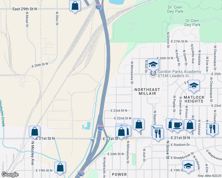 map of restaurants, bars, coffee shops, grocery stores, and more near 1706 East 24th Street North in Wichita