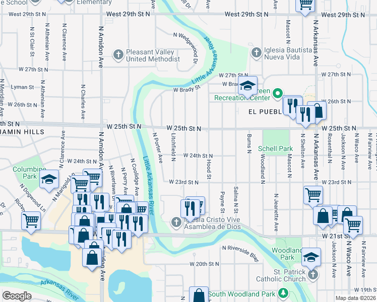 map of restaurants, bars, coffee shops, grocery stores, and more near 1601-1649 W 24th Street North in Wichita