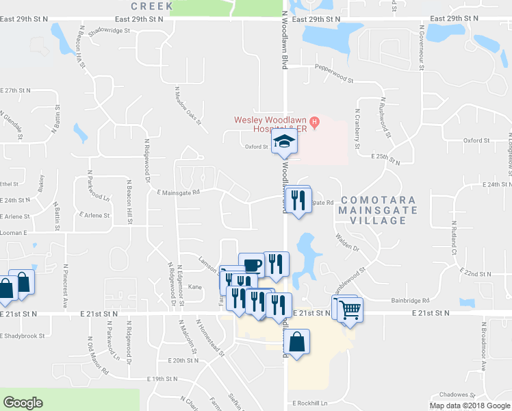 map of restaurants, bars, coffee shops, grocery stores, and more near 6105 East Mainsgate Road in Wichita