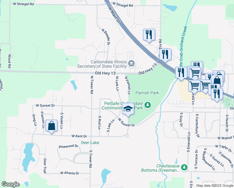 map of restaurants, bars, coffee shops, grocery stores, and more near 118 North Lark Lane in Carbondale