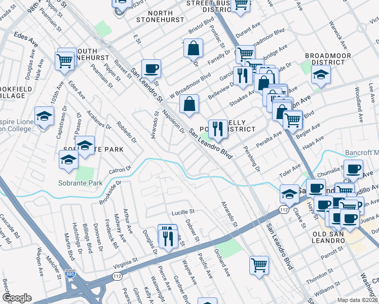 map of restaurants, bars, coffee shops, grocery stores, and more near 705 Biltmore Street in San Leandro