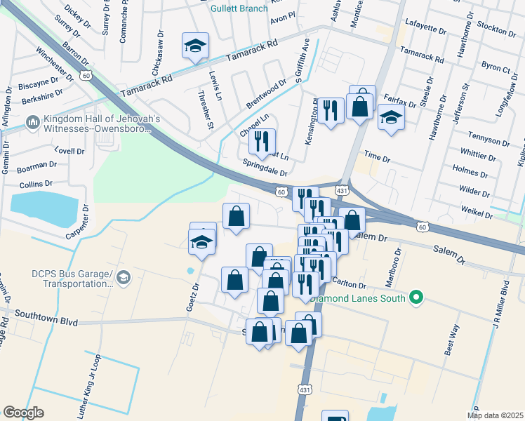 map of restaurants, bars, coffee shops, grocery stores, and more near 4307 Peppermill Court in Owensboro