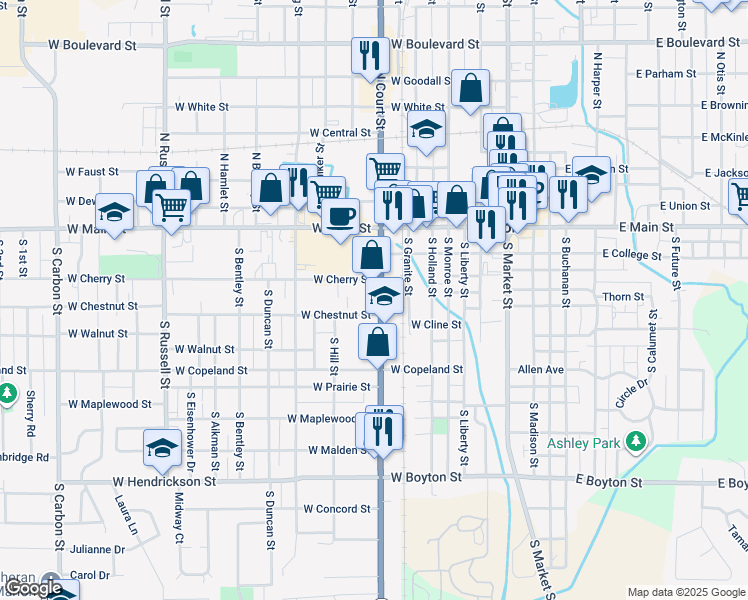 map of restaurants, bars, coffee shops, grocery stores, and more near 800-898 West Chestnut Street in Marion