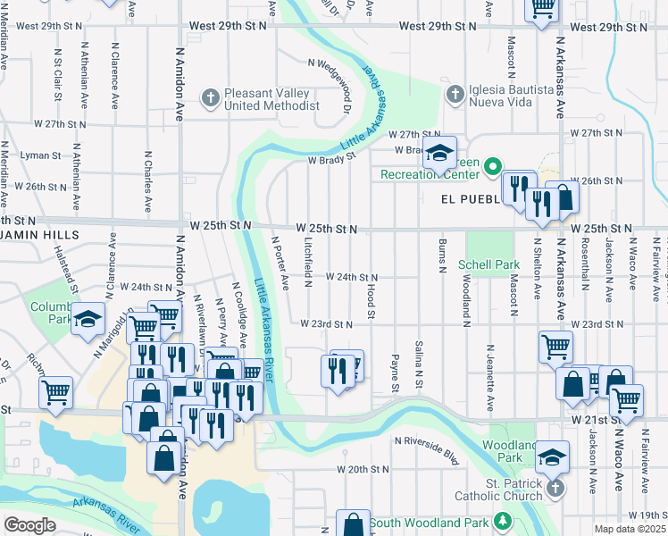 map of restaurants, bars, coffee shops, grocery stores, and more near 1601-1649 W 24th Street North in Wichita