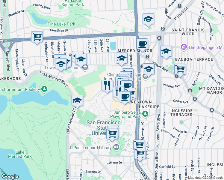 map of restaurants, bars, coffee shops, grocery stores, and more near 450 Winston Dr in San Francisco