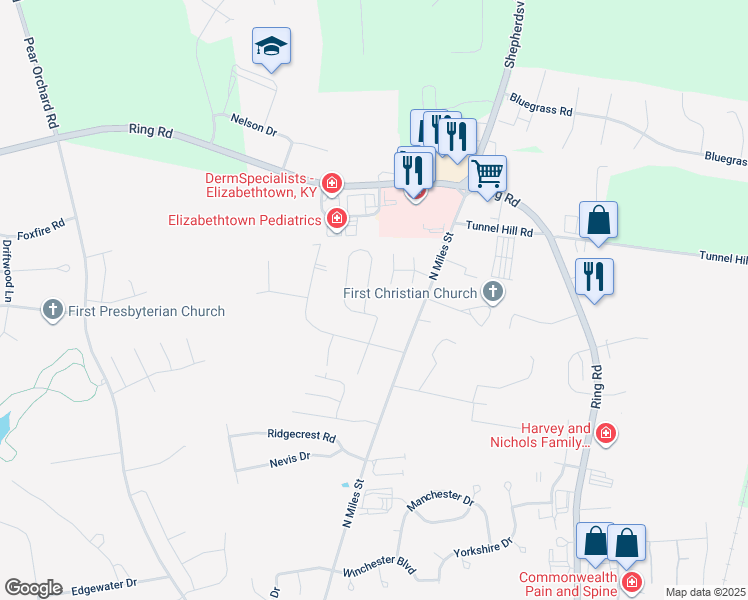 map of restaurants, bars, coffee shops, grocery stores, and more near 501 Bewley Boulevard in Elizabethtown