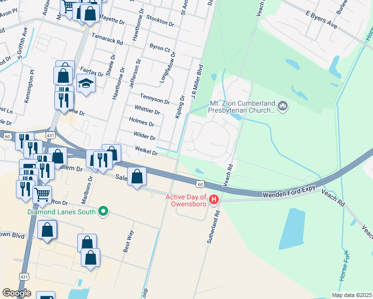 map of restaurants, bars, coffee shops, grocery stores, and more near J R Miller Boulevard in Owensboro