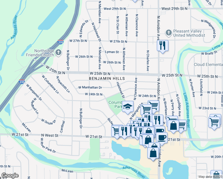 map of restaurants, bars, coffee shops, grocery stores, and more near 2403 West Manhattan Drive in Wichita