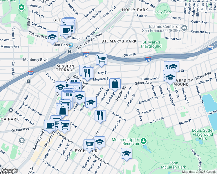map of restaurants, bars, coffee shops, grocery stores, and more near 12 Madrid Street in San Francisco
