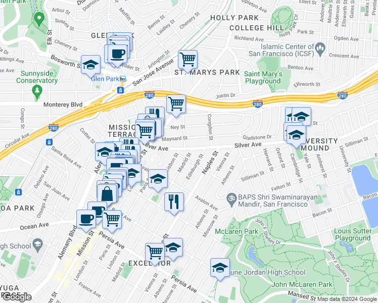 map of restaurants, bars, coffee shops, grocery stores, and more near 12 Madrid Street in San Francisco