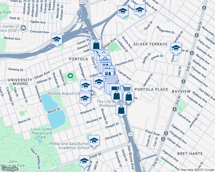 map of restaurants, bars, coffee shops, grocery stores, and more near 349 Girard Street in San Francisco