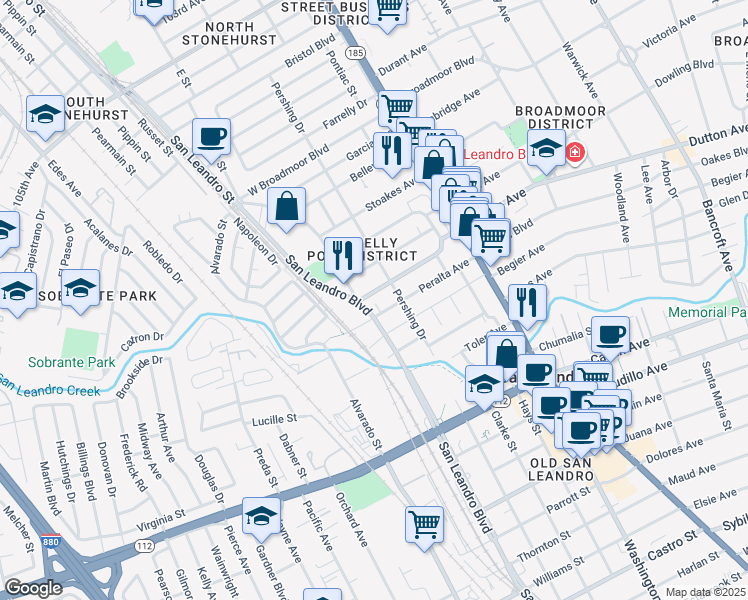 map of restaurants, bars, coffee shops, grocery stores, and more near 355 Best Avenue in San Leandro